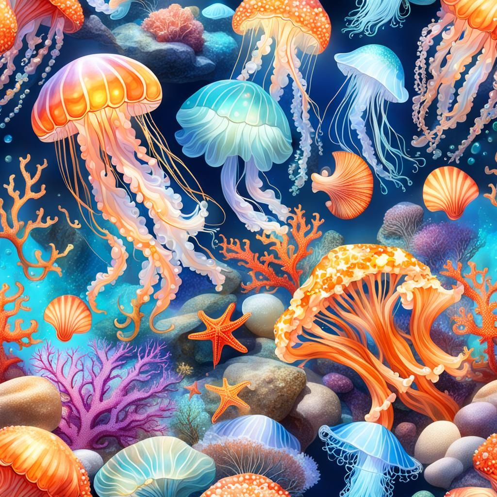 Magical Jellyfish Kaleidoscope in a Brightly Lit Ocean