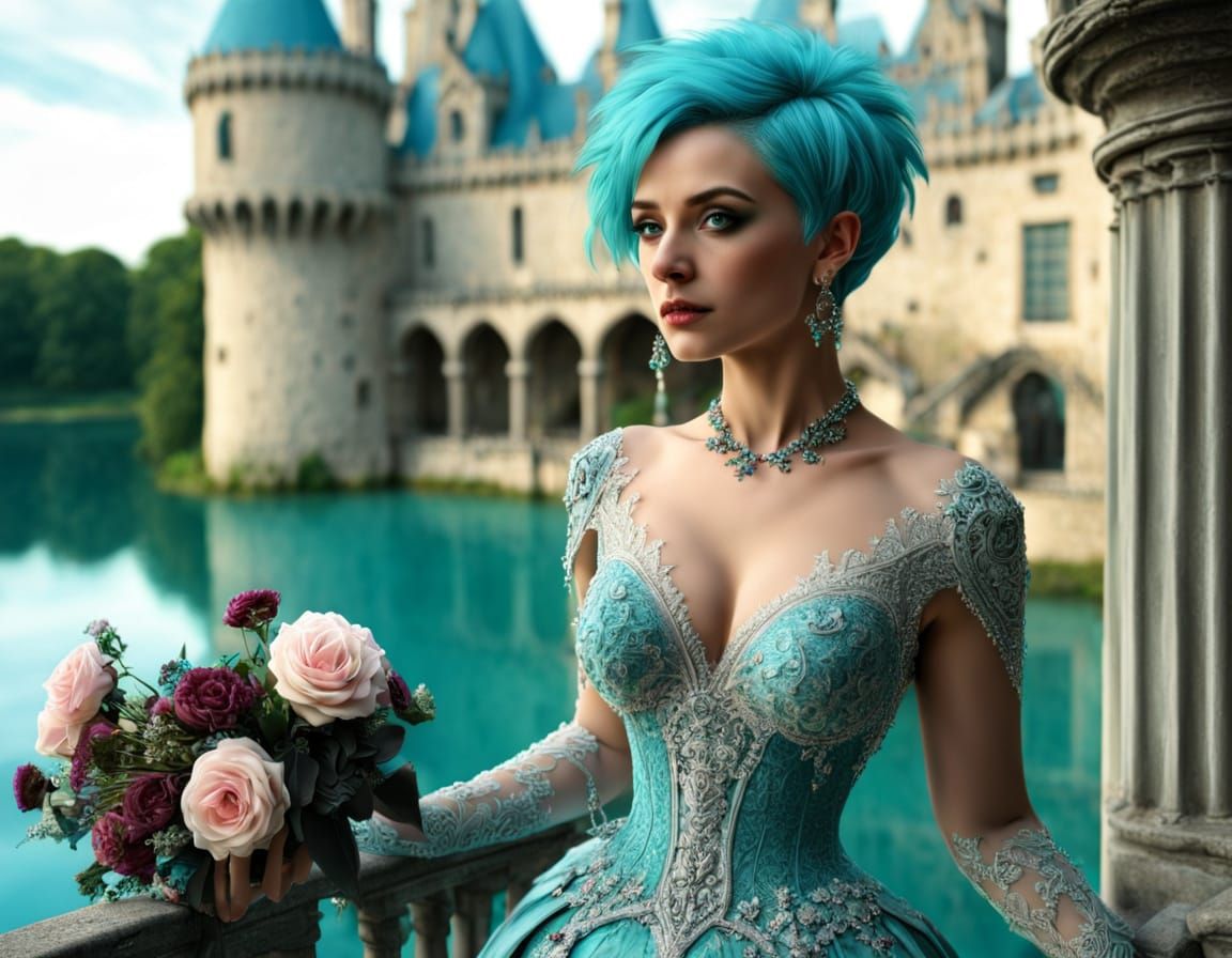 Gothic Bride with Turquoise Hair on Castle Balcony