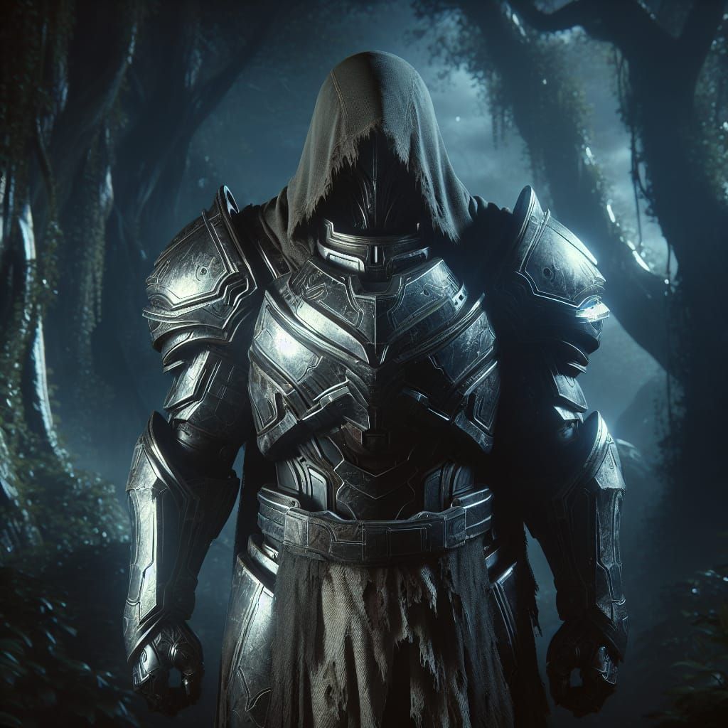 Futuristic Armored Warrior in Gloomy Forest, 8K