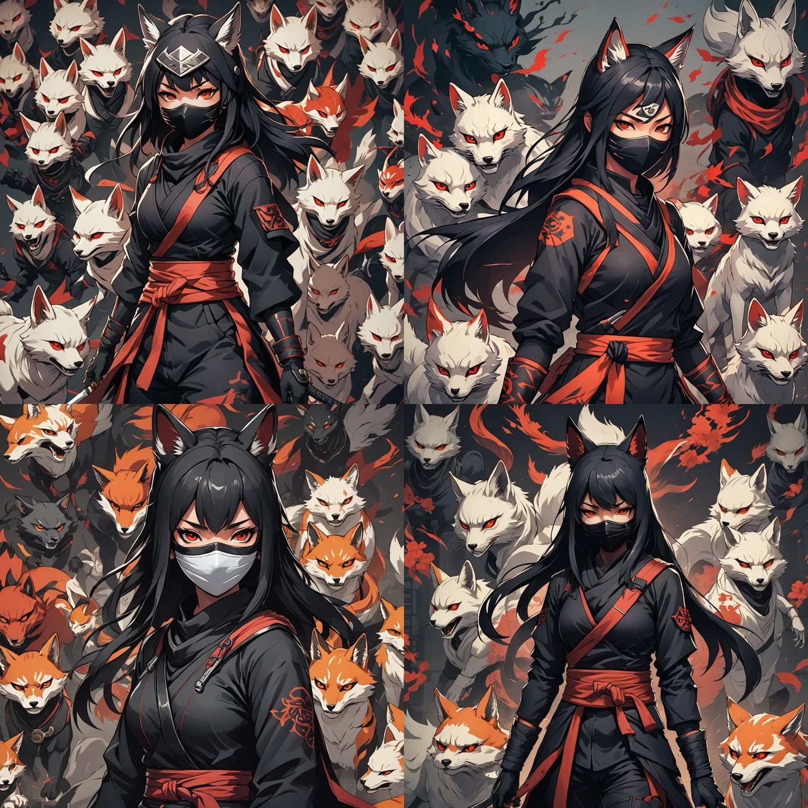 Ninja Girl with Kitsune Mask in Anime Style