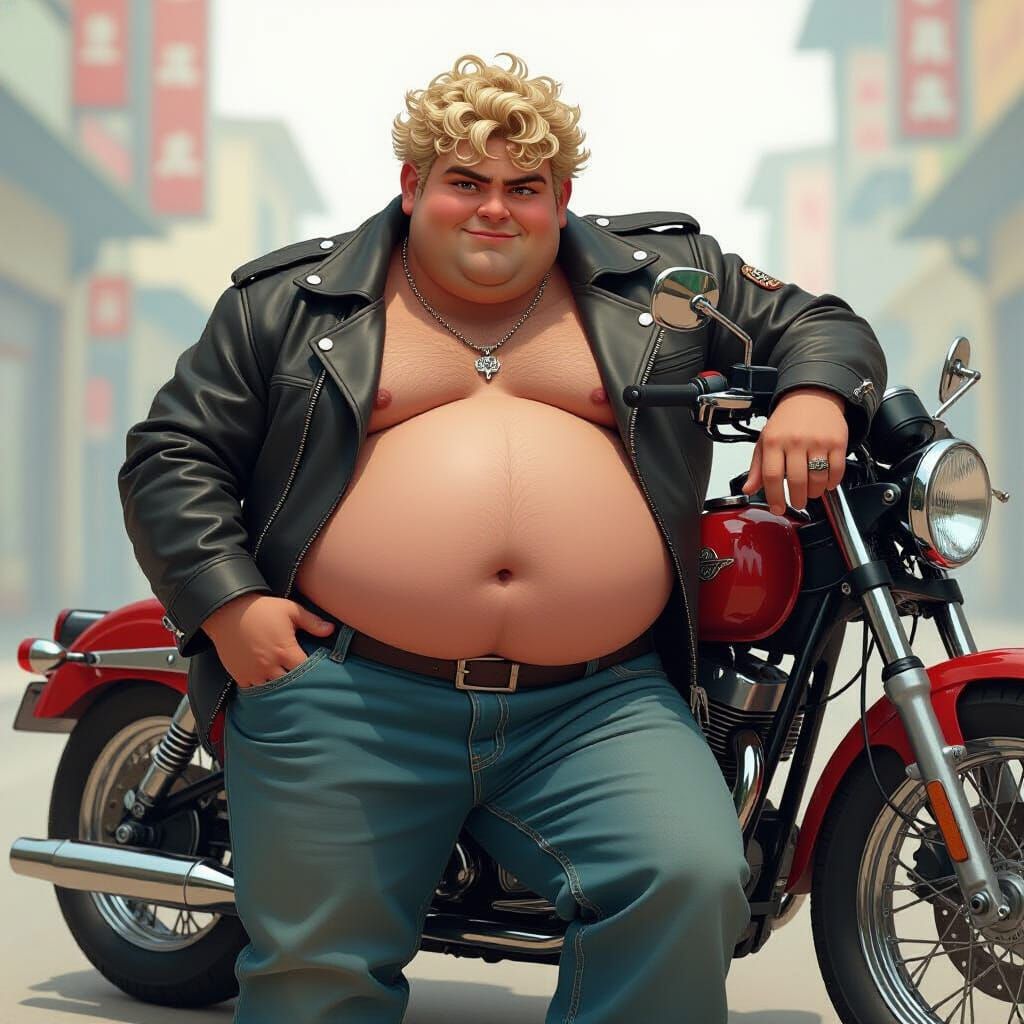 Obese Man on Motorcycle in Bara-Inspired Anime Style