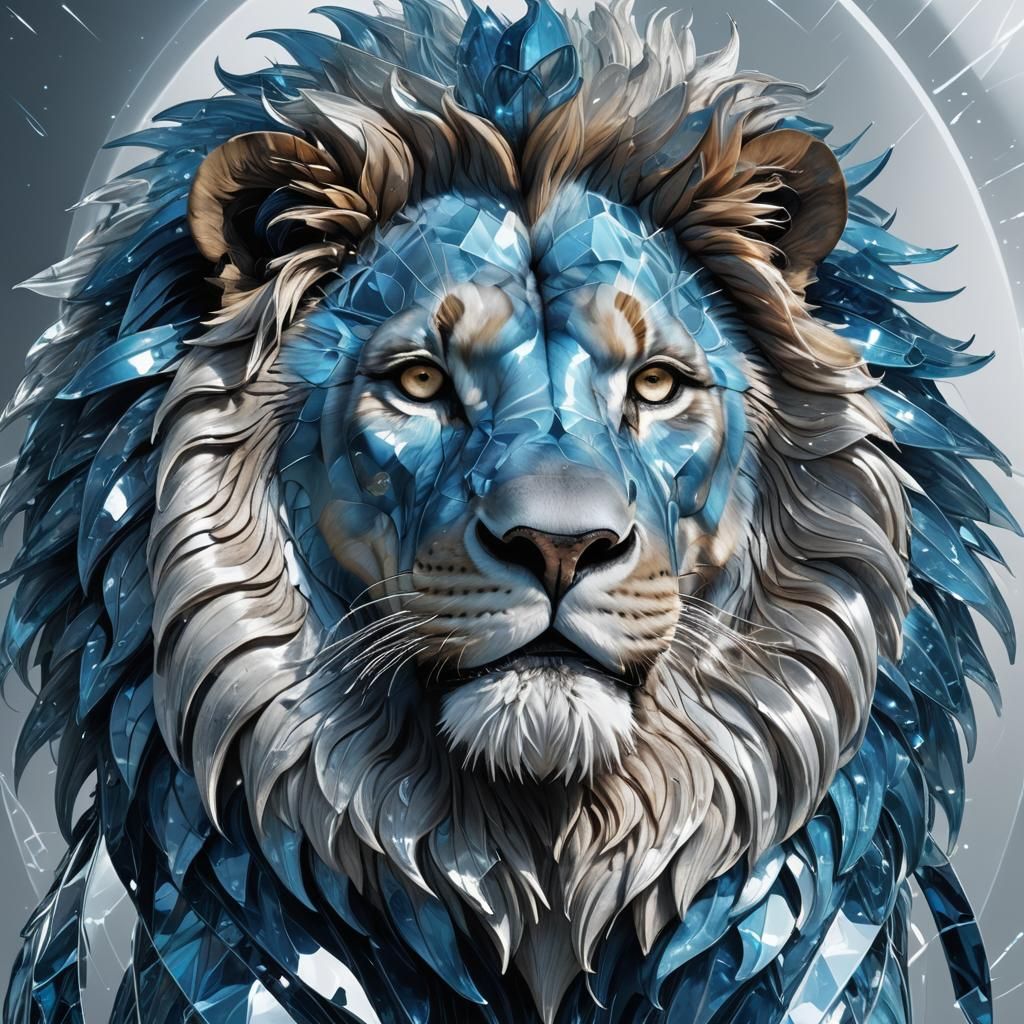 Regal Blue Glass Lion in Hyper-Realistic Digital Art