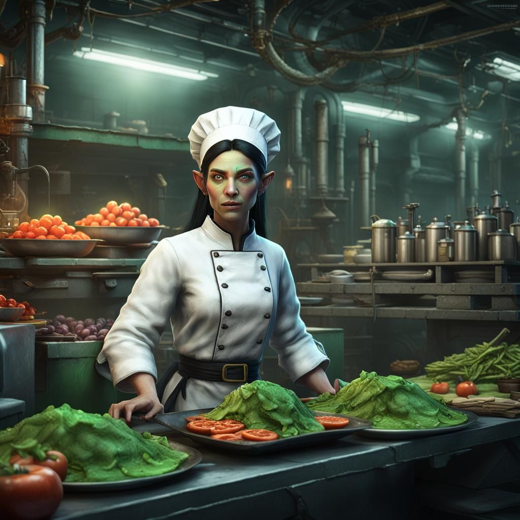 Fantasy Elf Chef in Underground Hangar, Digital Art