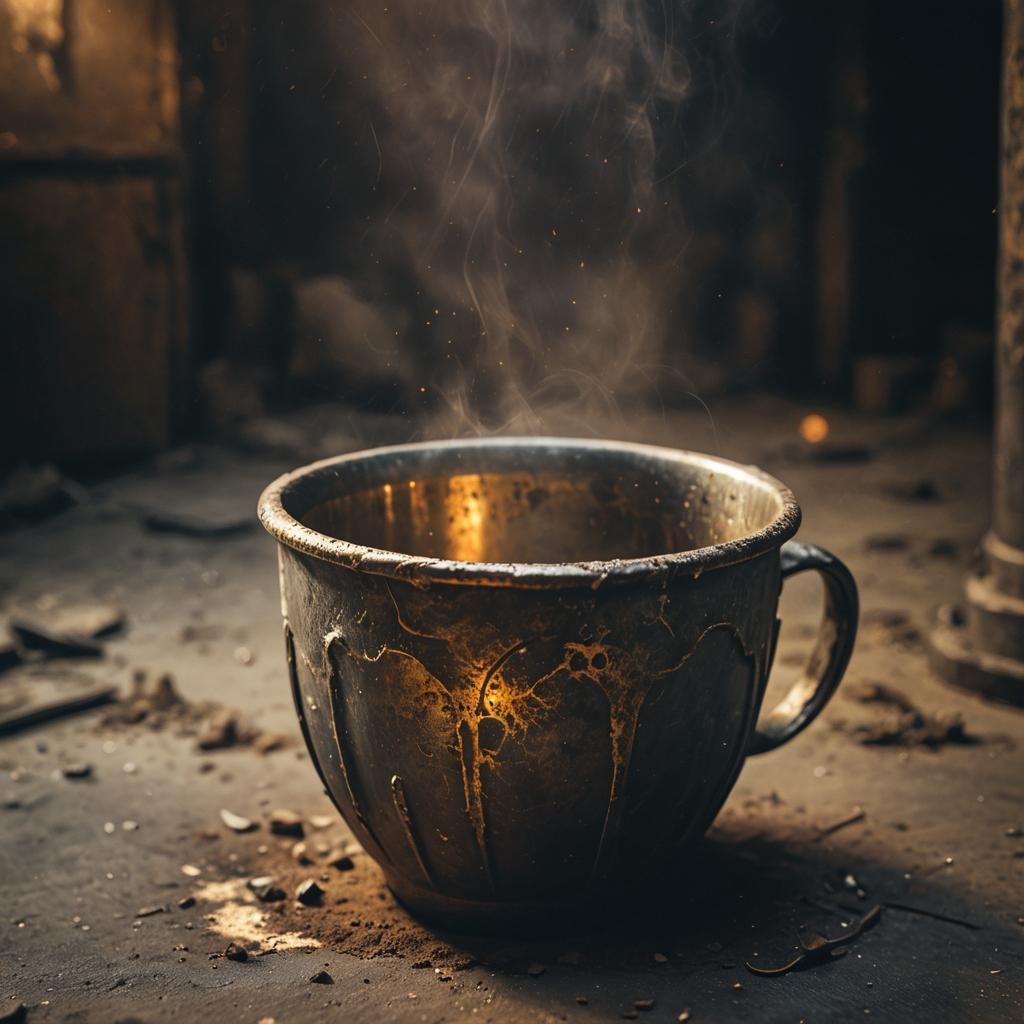 Cursed Metal Cup in Dusty Loft: Dark Fantasy Art