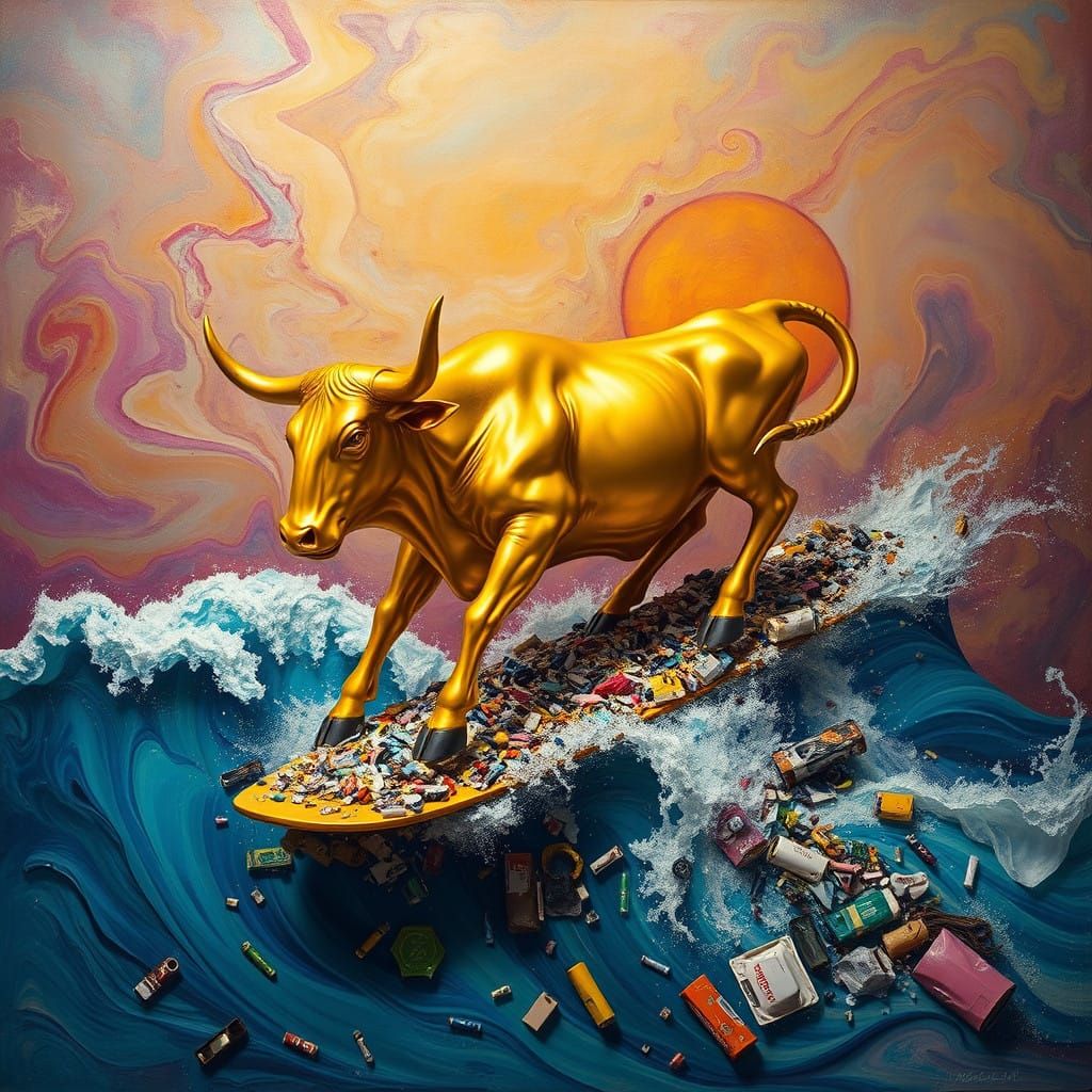 Surrealist Bull Rides Tsunami of Trash in Dreamlike Surrende...