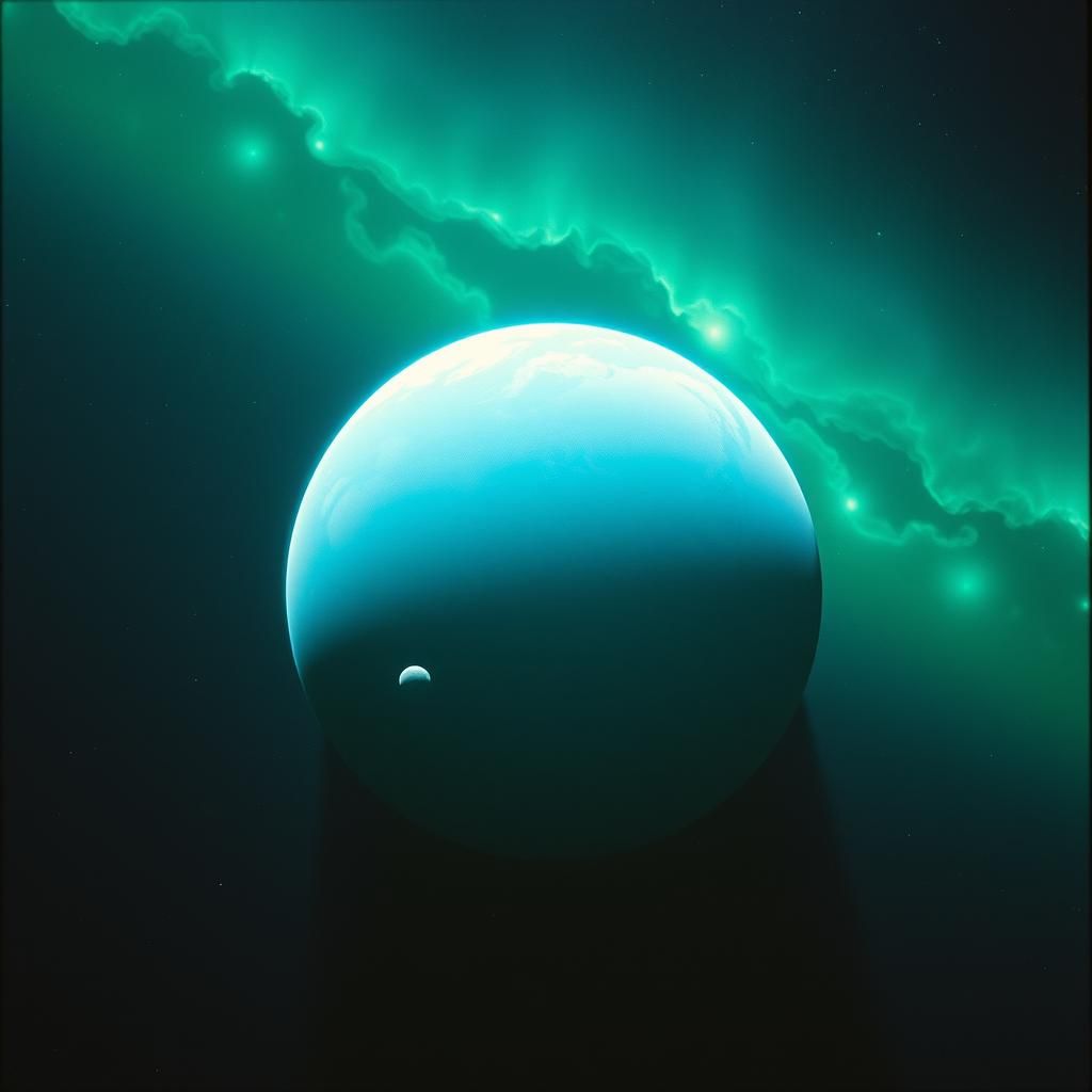 Cyan Planet with Indigo Oceans and Green Nebula