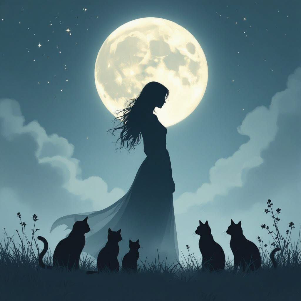 Mystical Woman Silhouette with Cats Under Full Moon