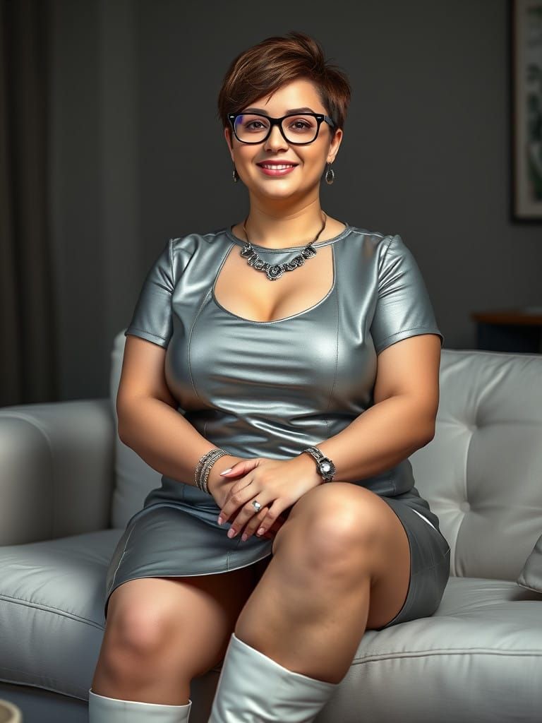 Curvy Woman in Stunning Silver Leather Mini Dress
