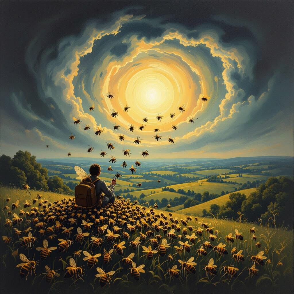 Surreal Oil Painting of Bee Swarm Carrying Person to Ohio