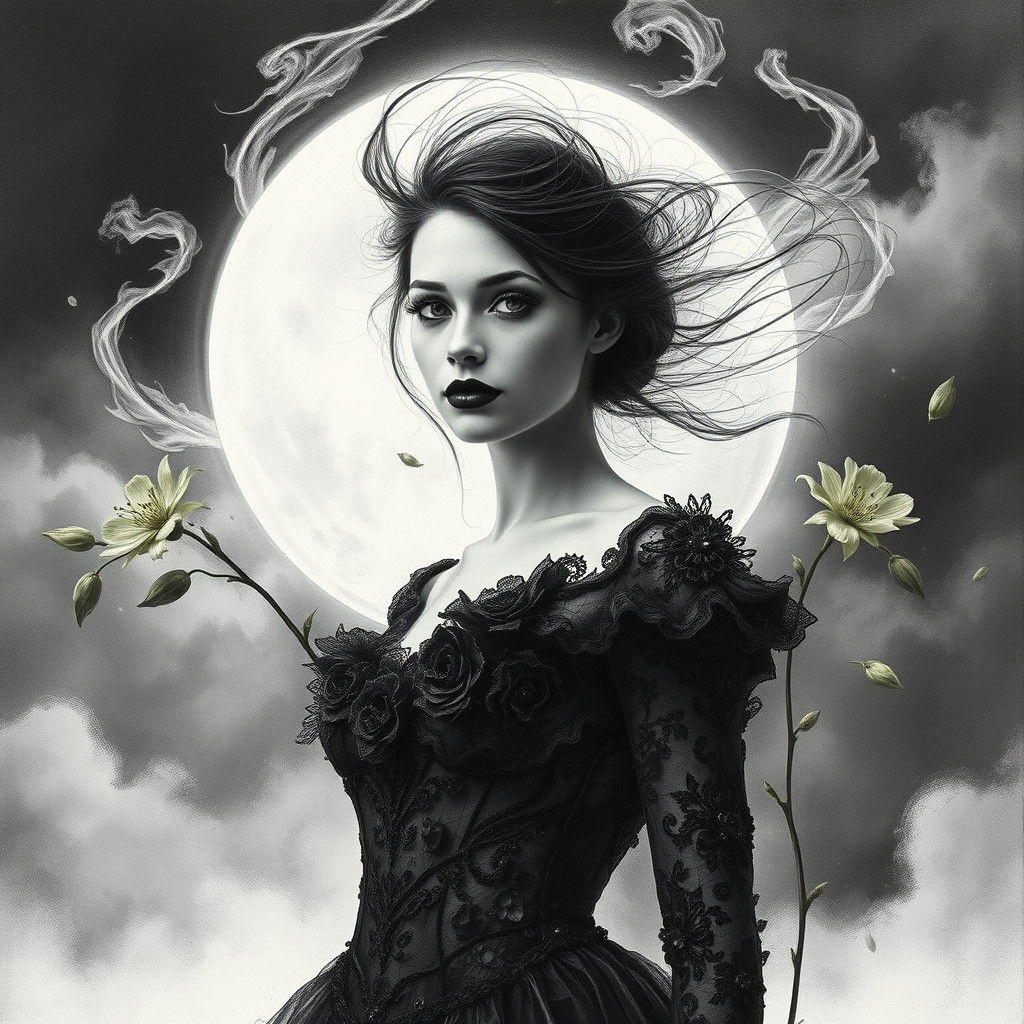 Mystical Gothic Woman in Charcoal Pencil Drawing