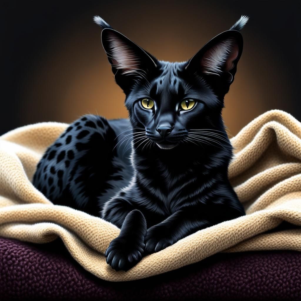 Resting Melanistic Serval Cat in Hyperrealism
