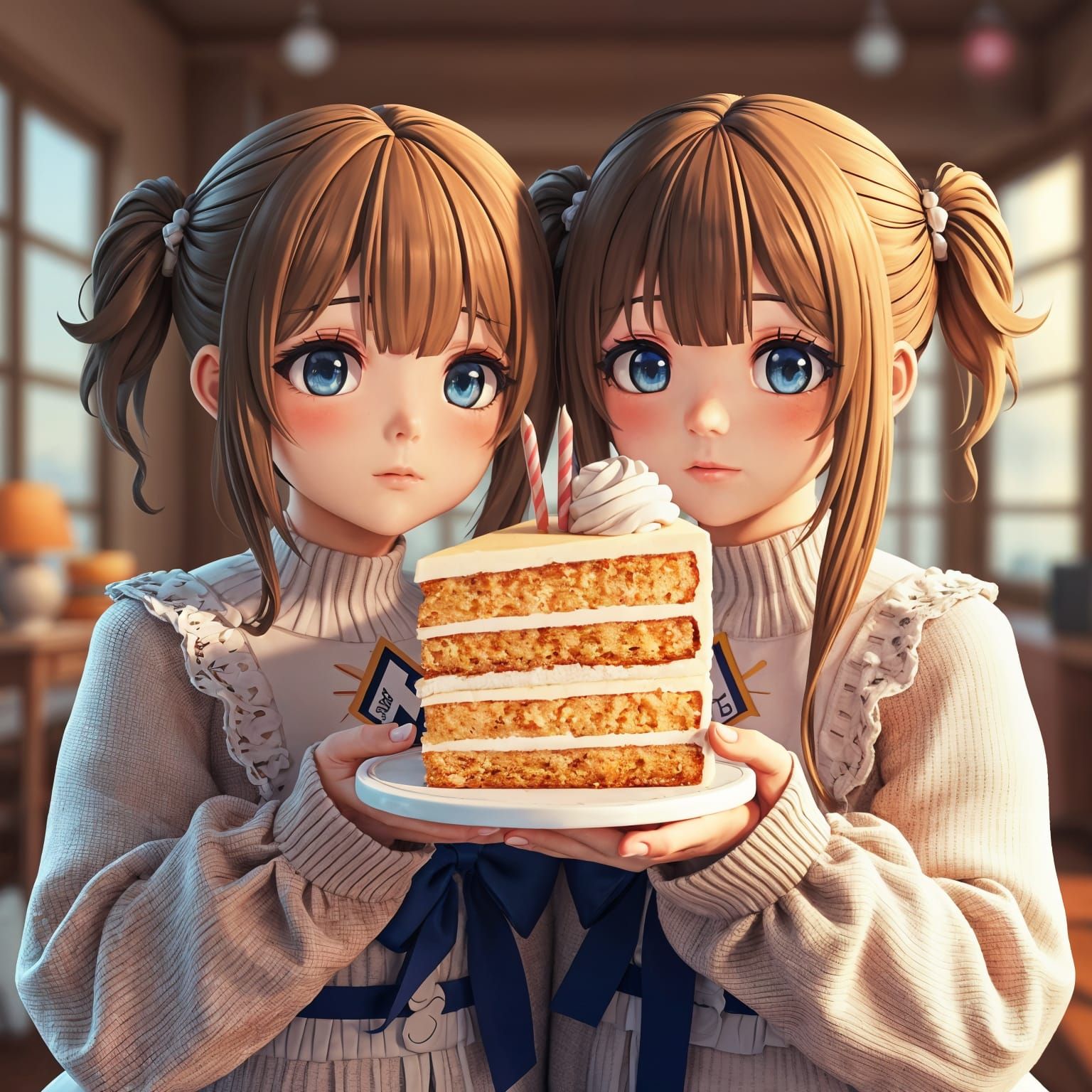 Twins Share Cake: Detailed 3D Anime Art
