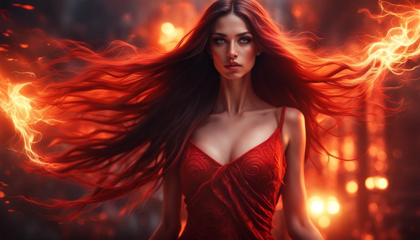 Sensual Woman with Fiery Power in Dark Fantasy Style