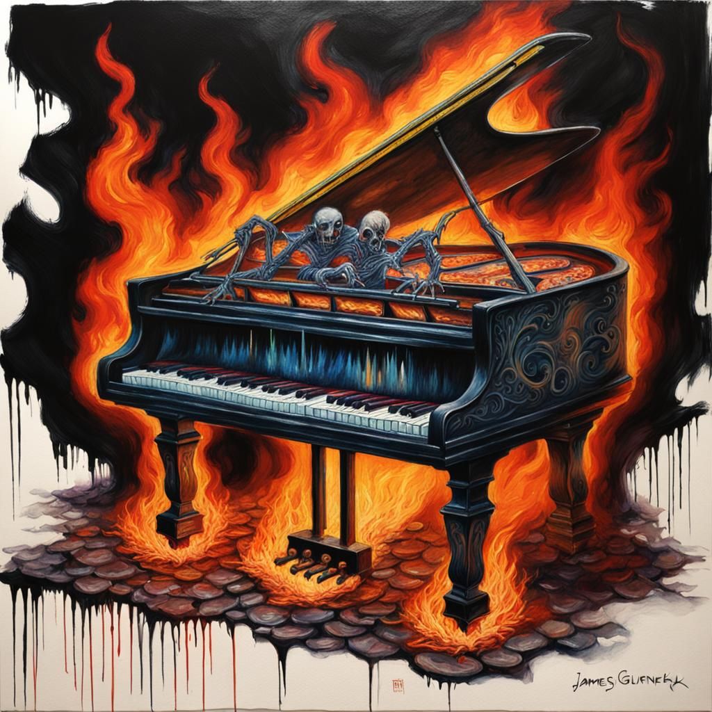 Burning Piano: Gothic Oil Painting in Dark Academia Style
