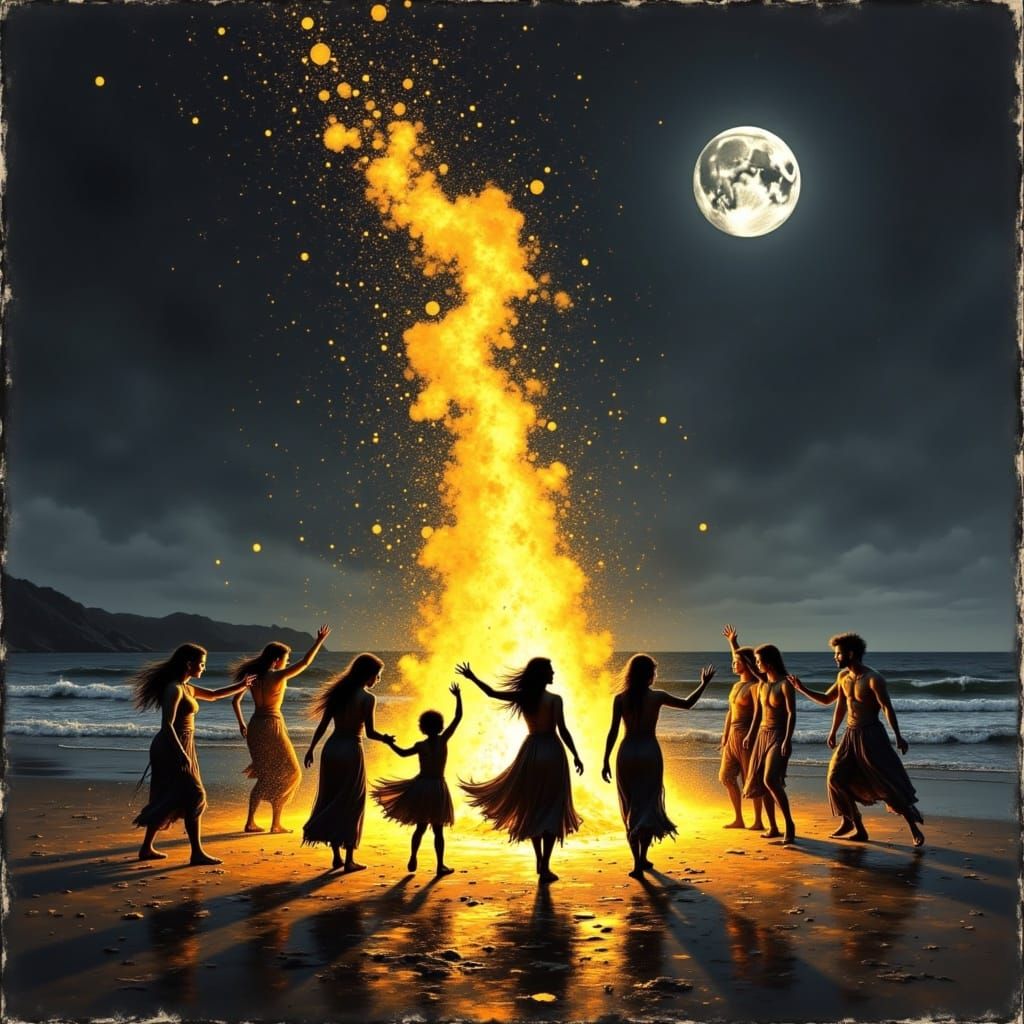 Bonfire Dance on Moonlit Beach in Futuristic Style