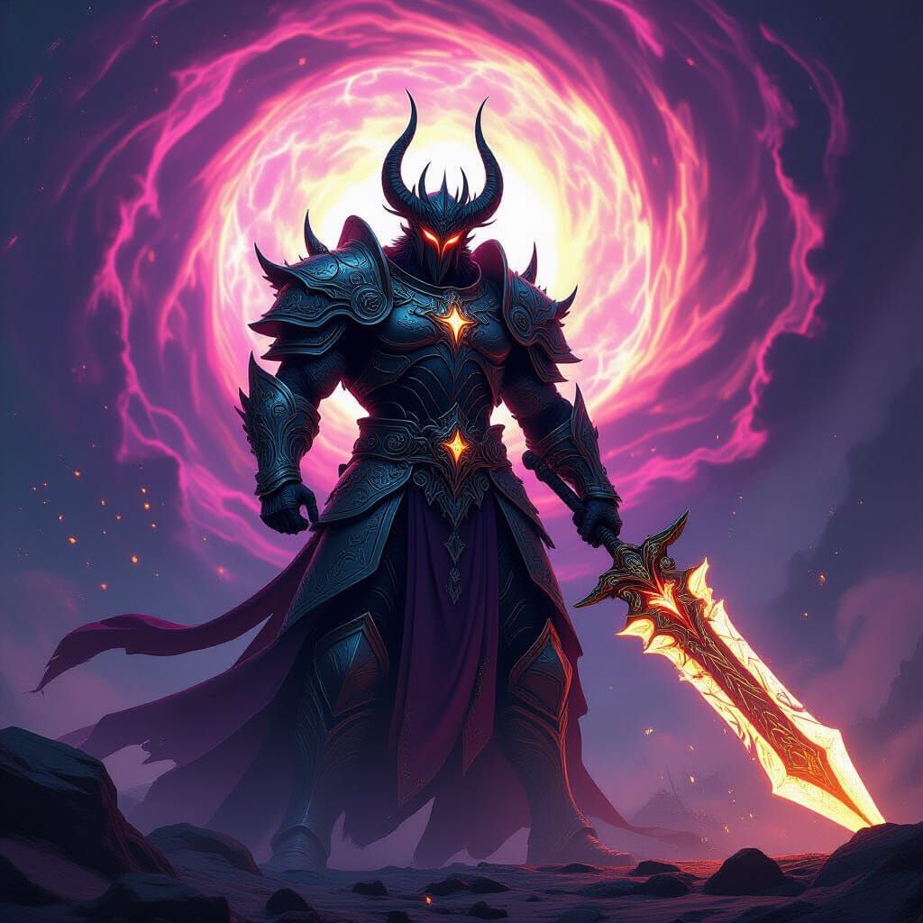 Demonic Warrior in Cosmic Vortex, Dark Fantasy Art