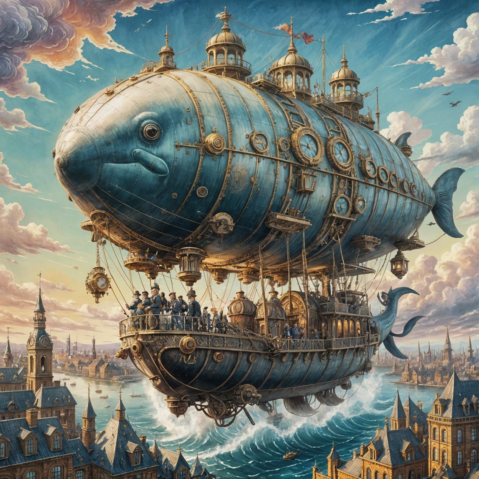 Steampunk Clockwork Whale Airship Over Victorian City