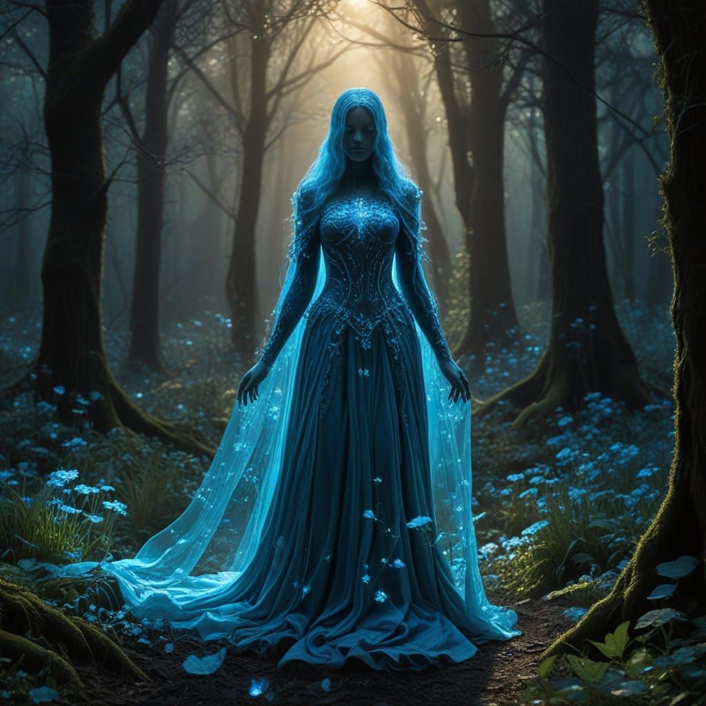 Ethereal Goddess in a Glowing Bioluminescent Forest