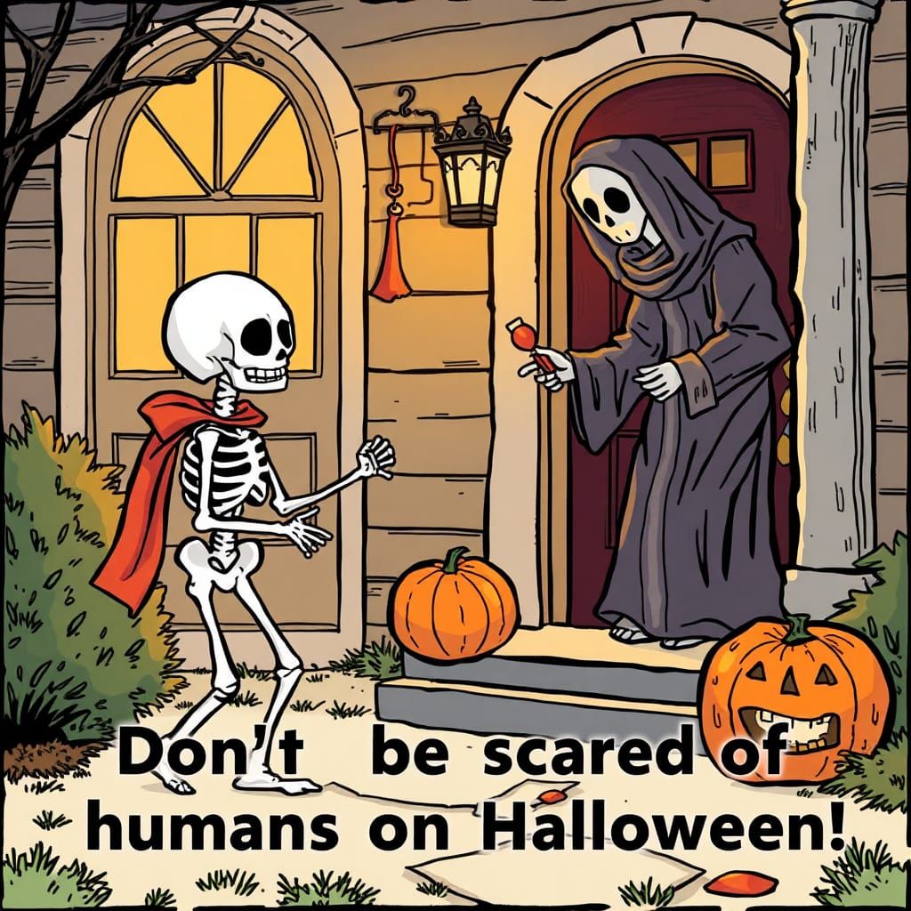 Scared Skeleton Trick-or-Treating on Halloween