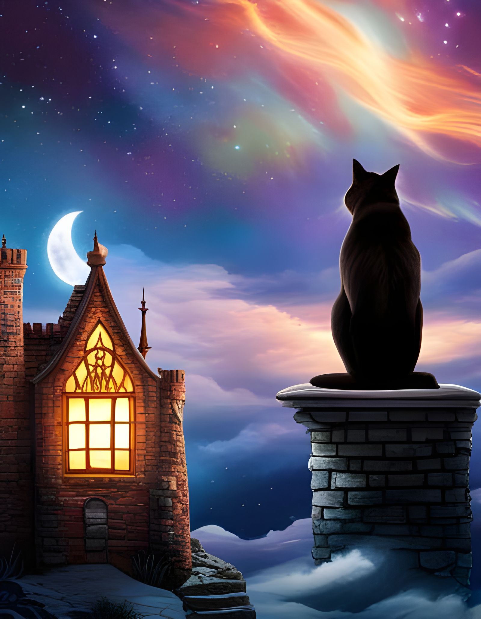 Magic Witch and Cat on Cloud Path