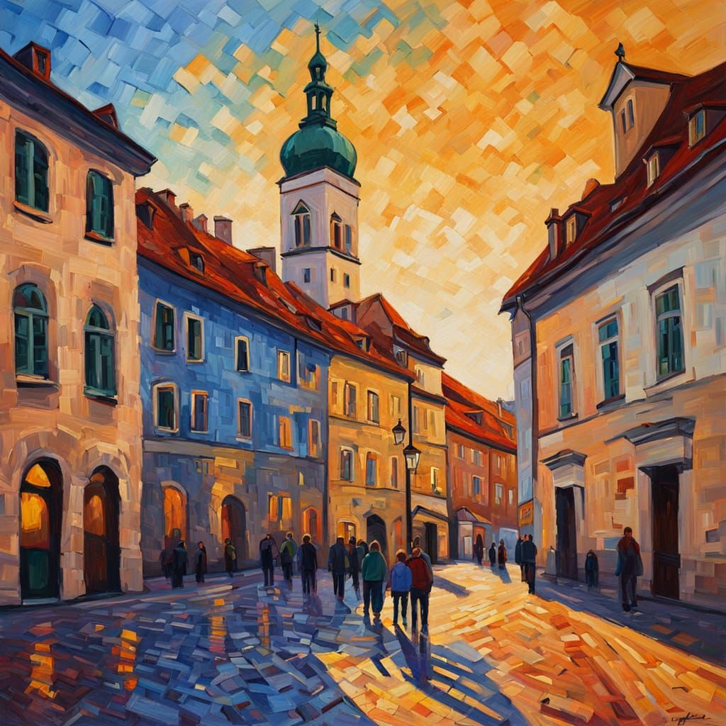Ljubljana Cityscape in Neo-Impressionist Oil Painting