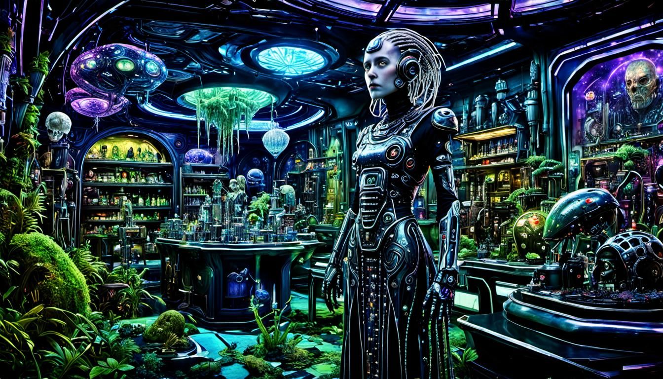Futuristic Alien Shop in Baroque Art Nouveau Style
