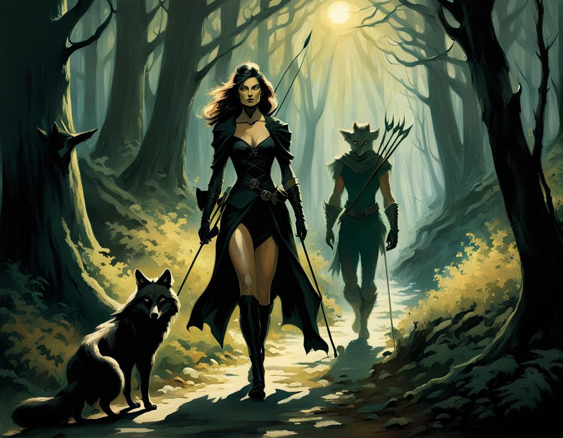 Fantasy Woman Walks Wooded Trail in Dramatic Sunlight