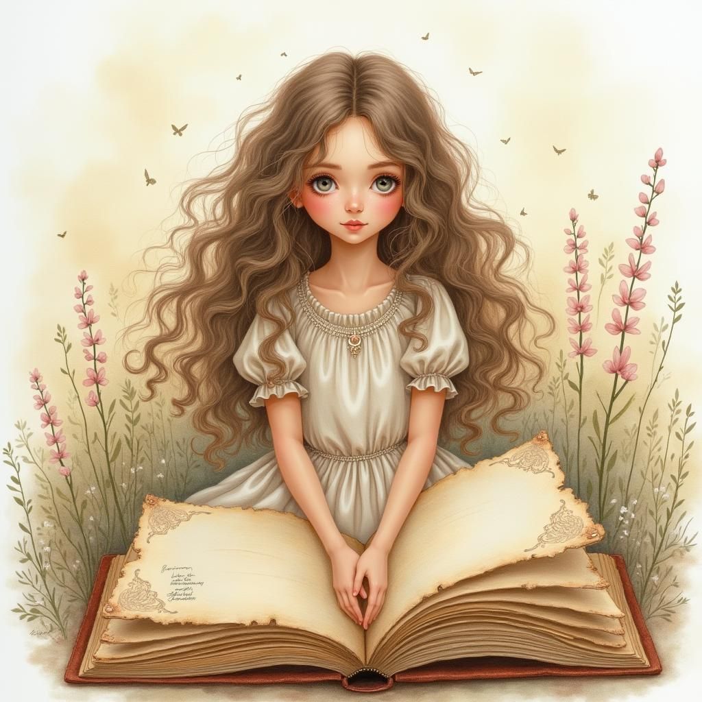 Girl with Junk Journal in Watercolour Style