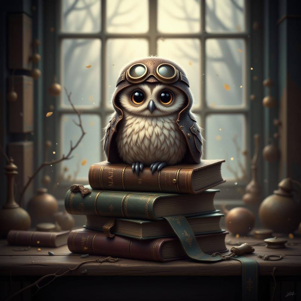 Whimsical Owl Aviator on Antique Books