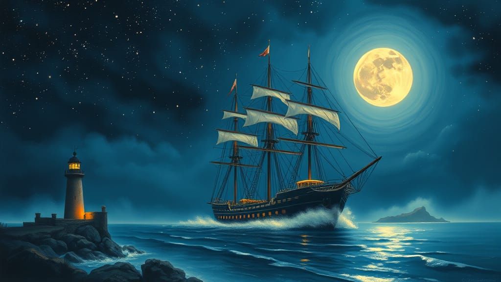 Starry Ship and Lighthouse: Dreamy Oil Painting