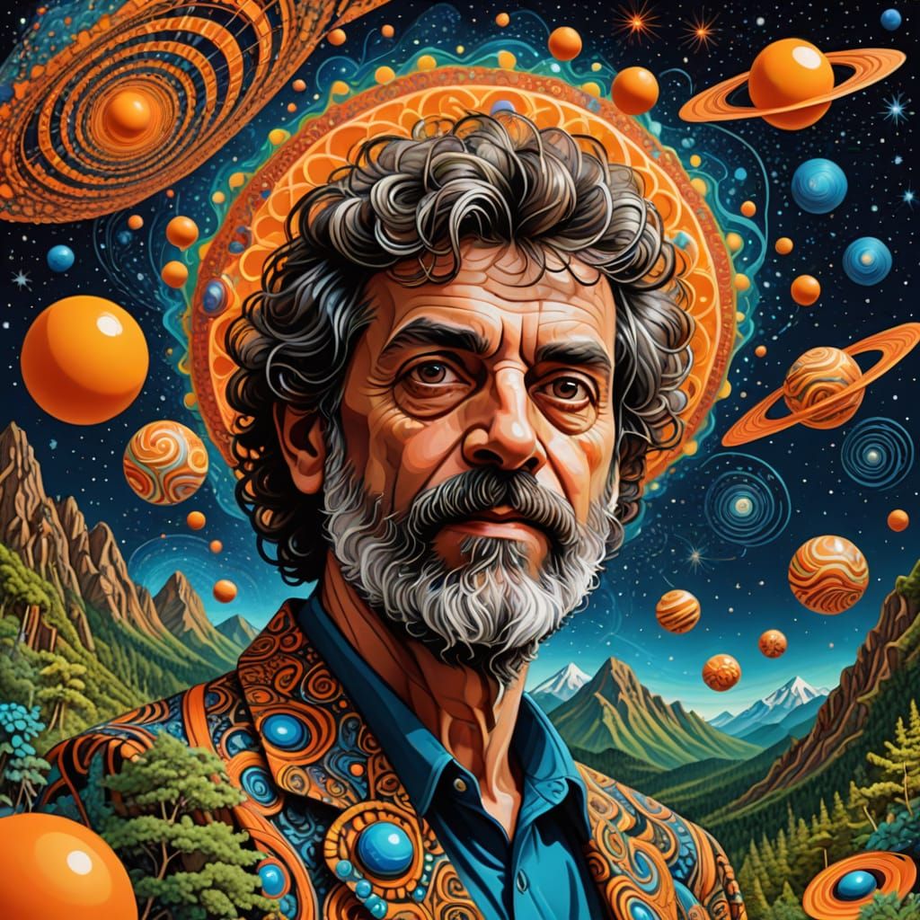 Psychedelic Portrait of Terence McKenna in Cosmic Landscape