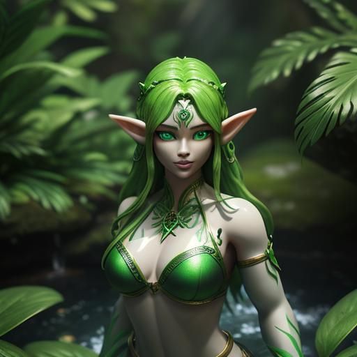 an elf in a green bikini made of leaves stands under a mount...