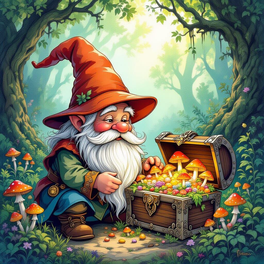Mystical Gnome Finds Treasure in Enchanted Forest