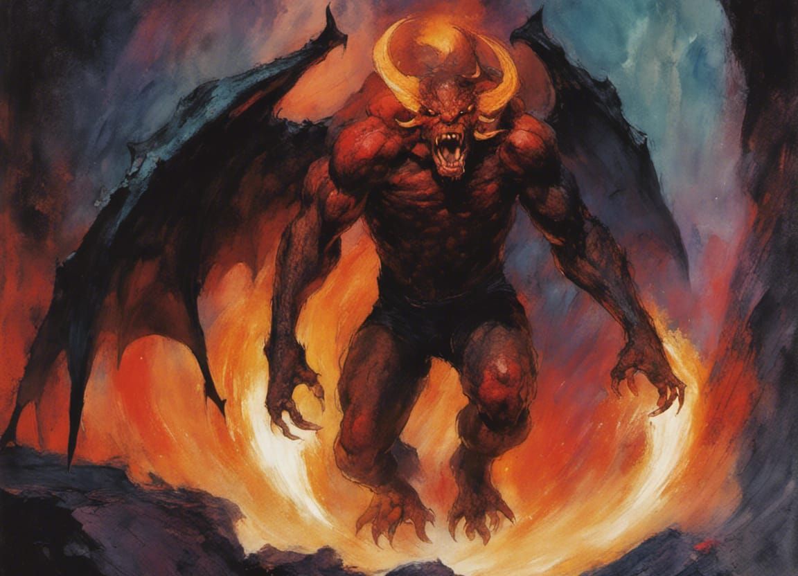 Fiery Balrog in Shadowy Cave, Comic Book Art