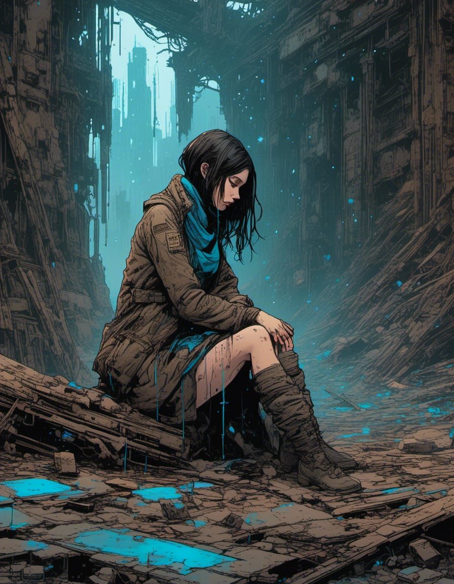 Cyborg Woman Crying in Ruined Building