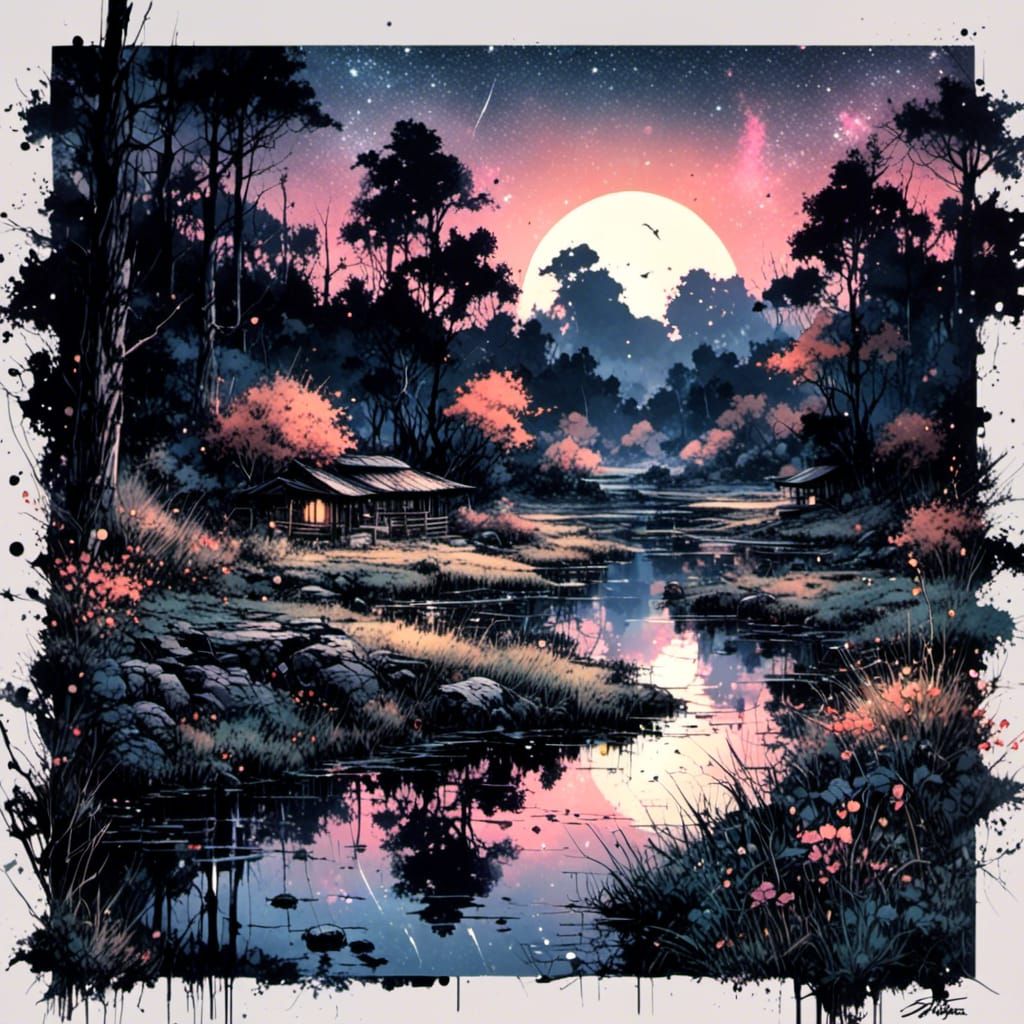 Beautiful Night Scenery with Starry Sky