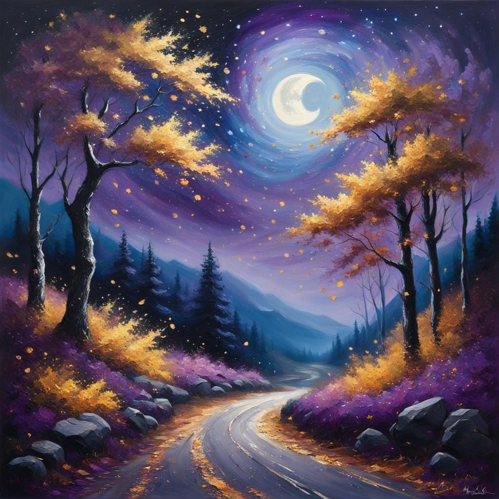 Autumn Road Under Starry Sky: Landscape Painting