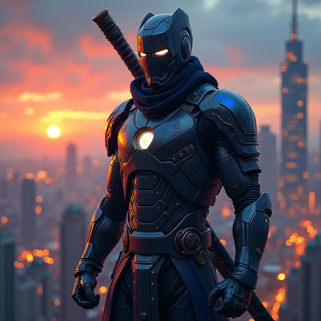Armored Ninja Warrior in a Cyberpunk Cityscape