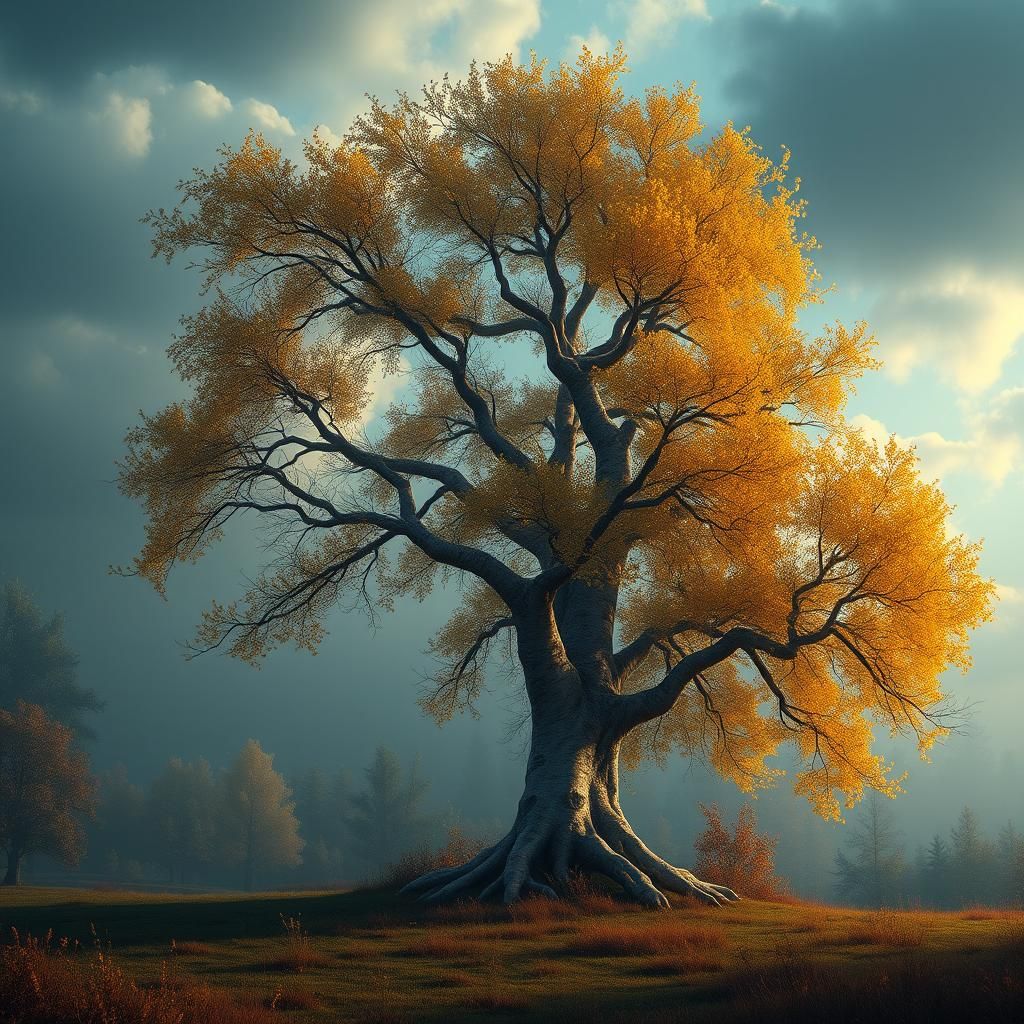 Crying Birch Tree in Autumnal Fantasy Landscape