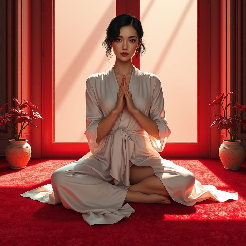 Elegant Woman in White Satin, Surrounded by Luxurious Detail...