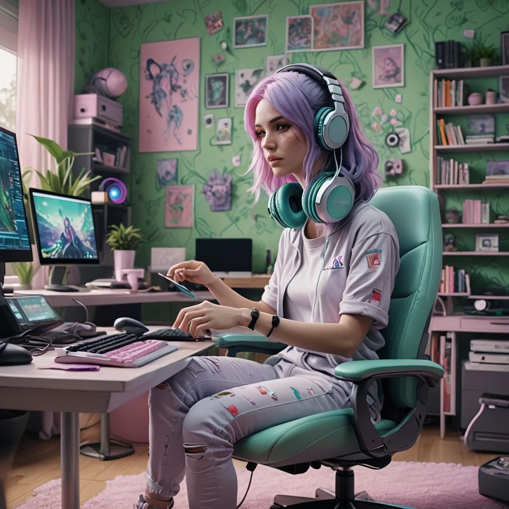 Pastel Gaming Girl: Detailed Matte Painting