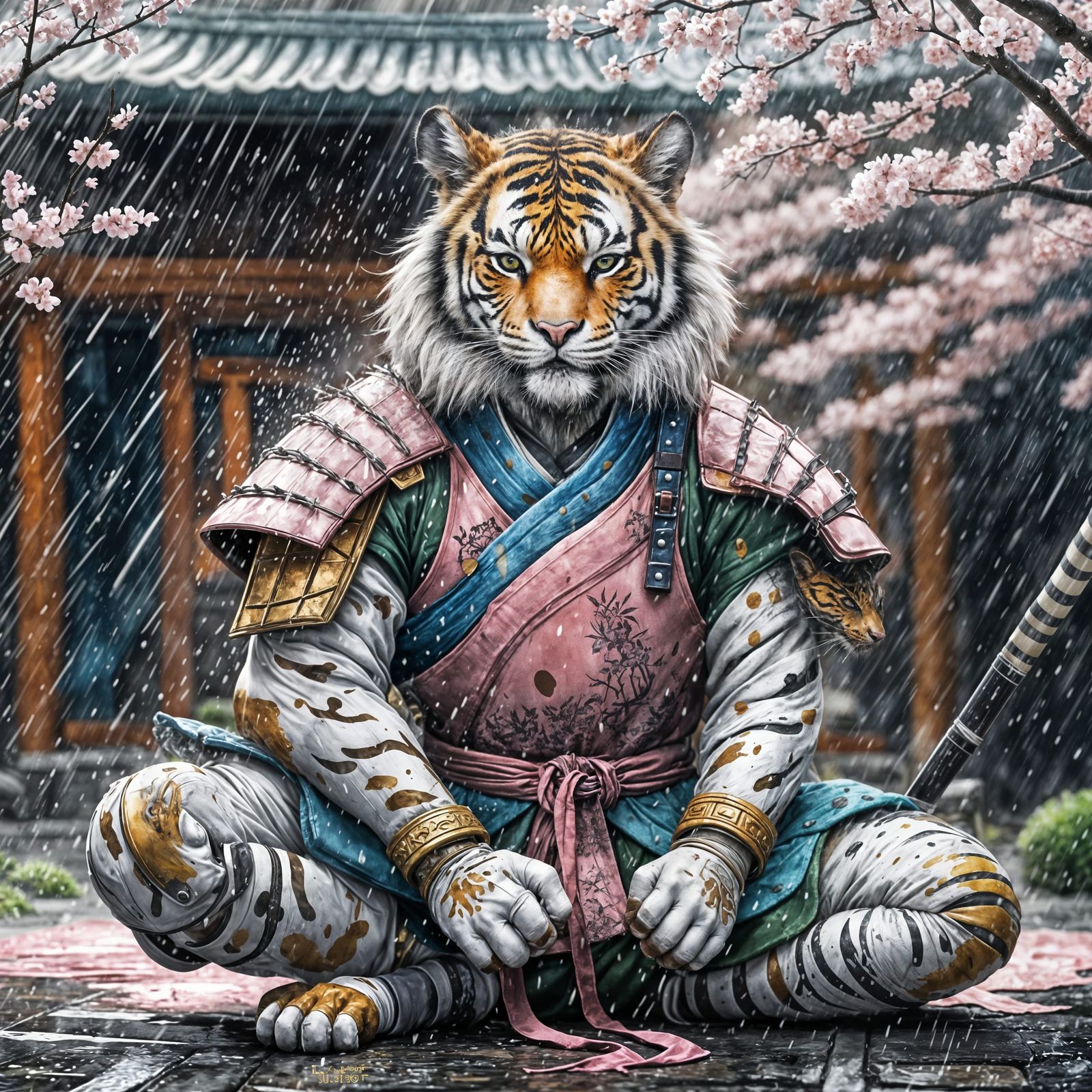 Surreal Samurai Warrior Meditates in Sakura Courtyard