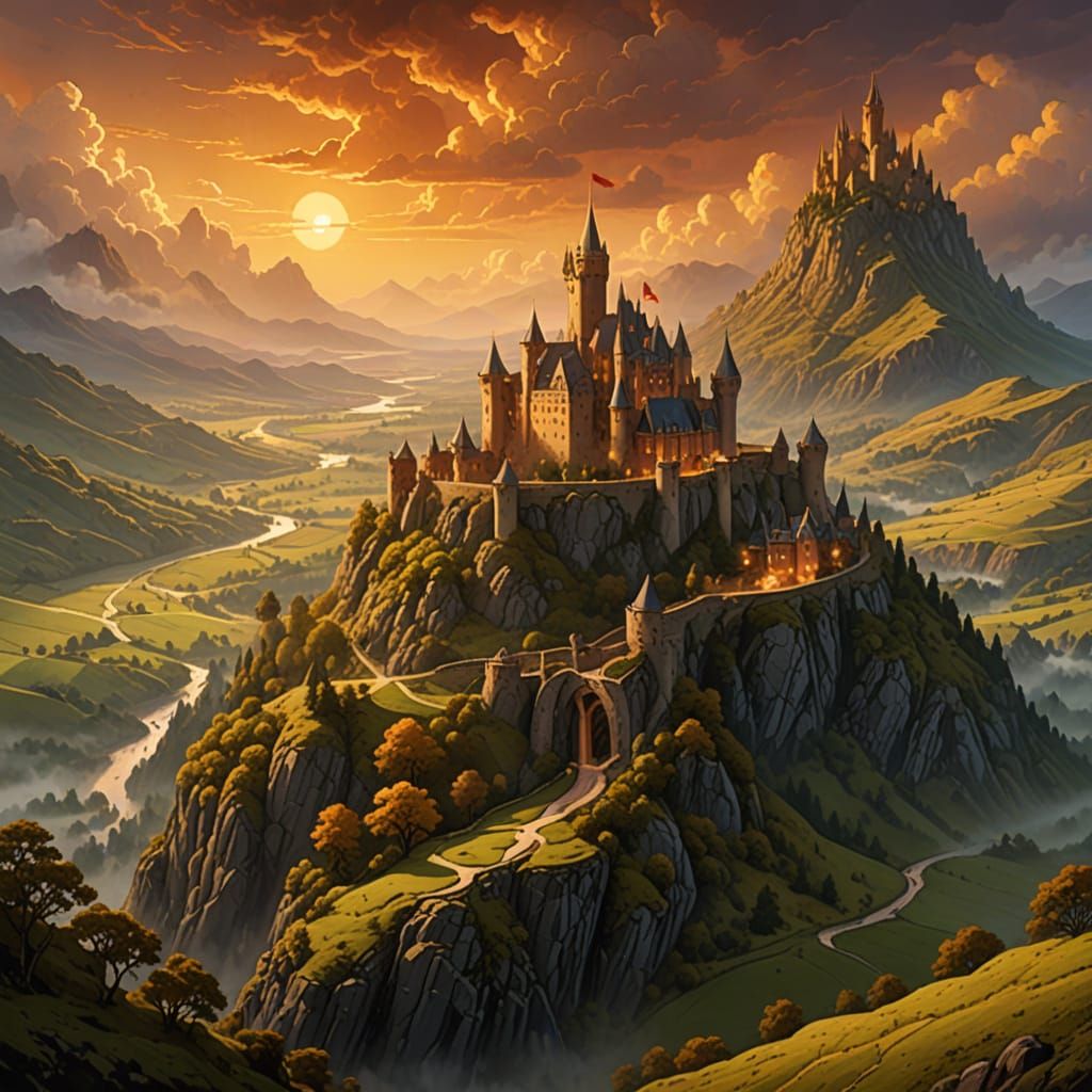 Fantasy Castle in Misty Landscape, Elmore Style
