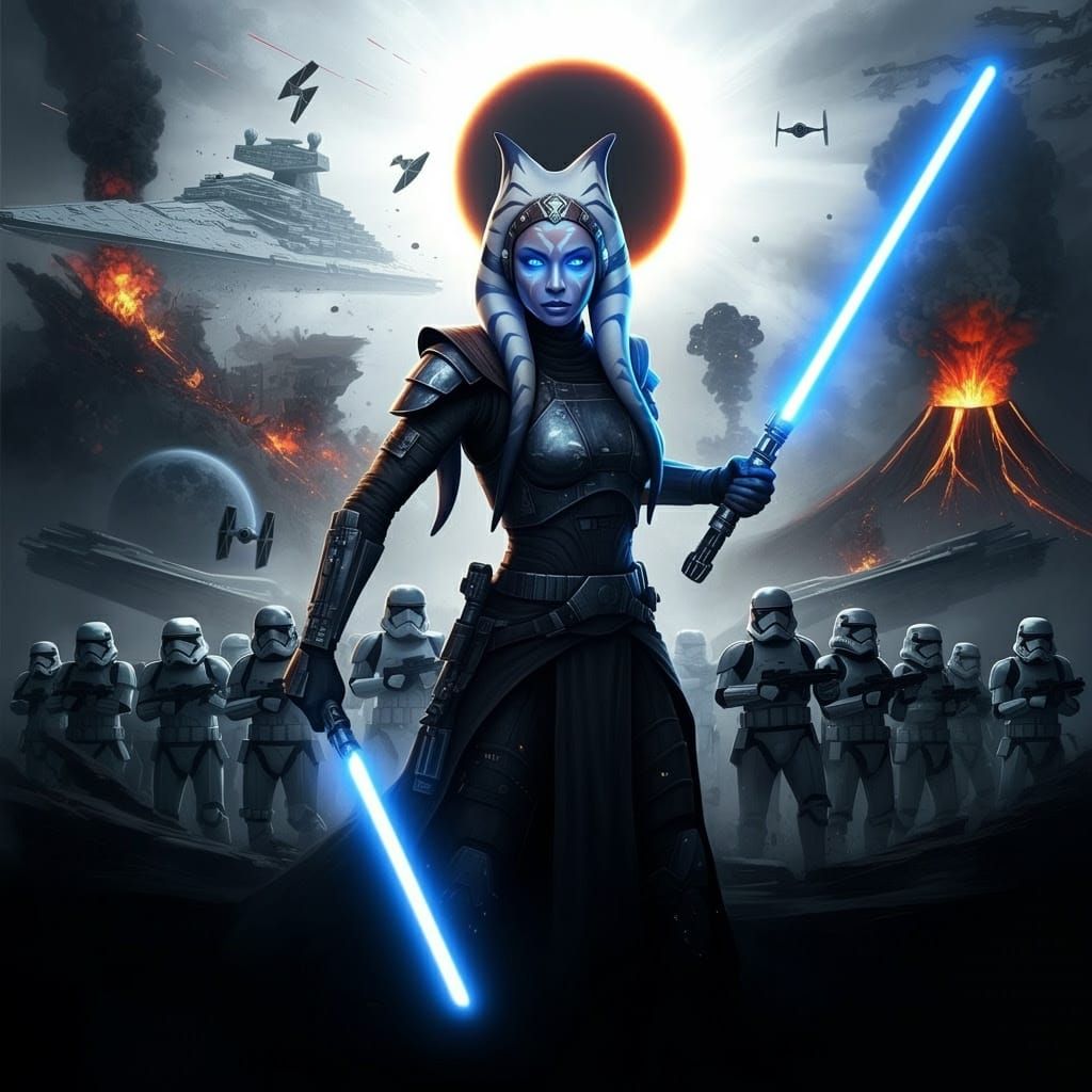 Togruta Jedi Knight in Double Exposure Battle Scene