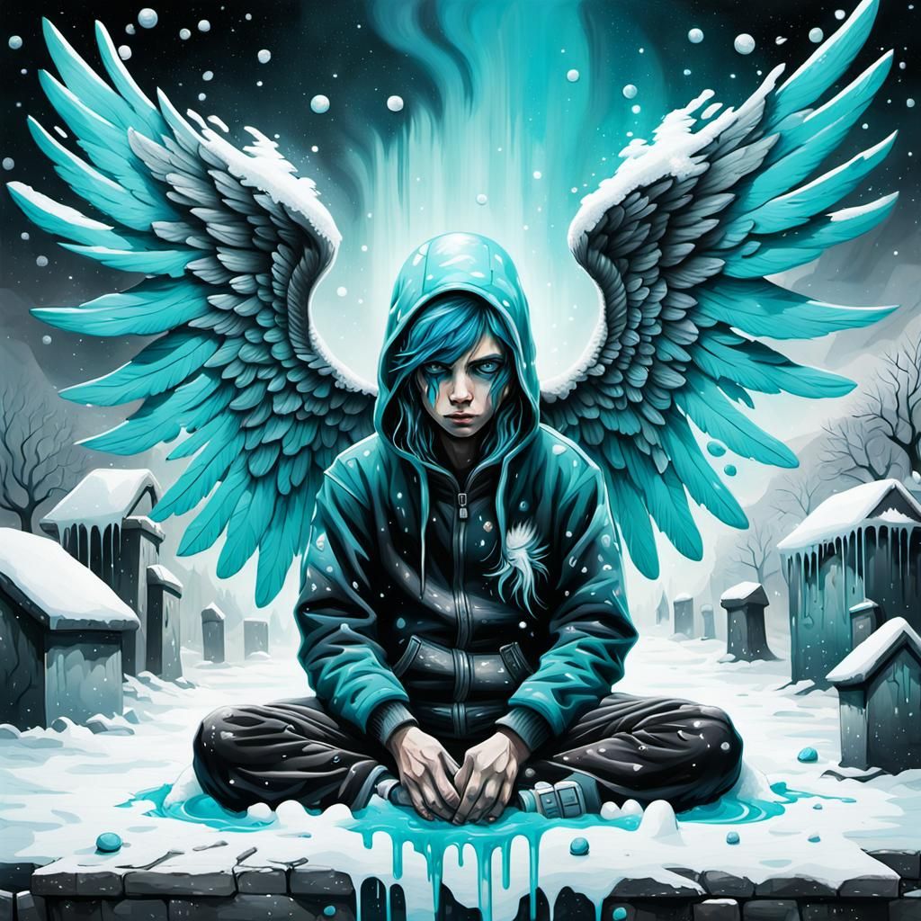 Trapped Turquoise Angel in Snowy Space: Graffiti Art