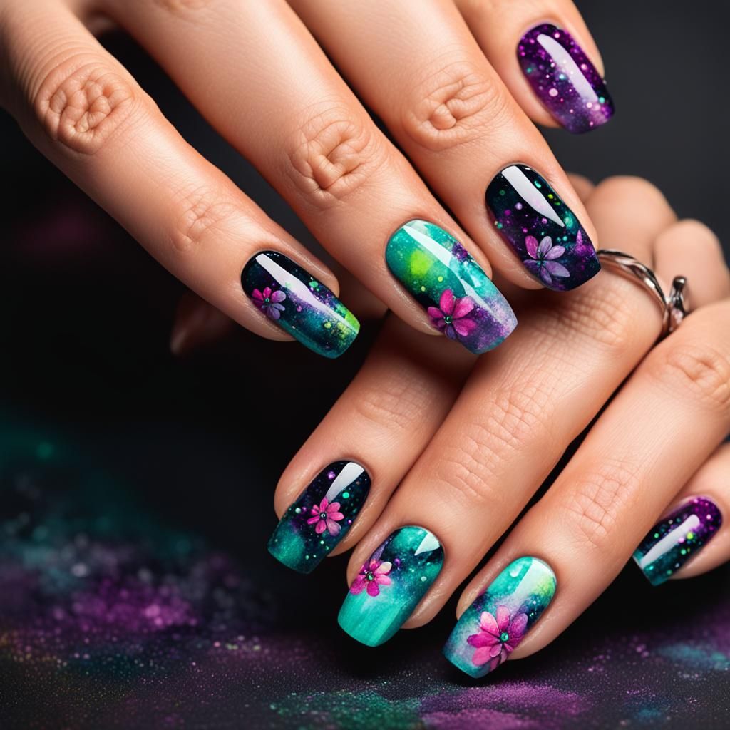 Neon Geometric Nail Art with Watercolor Flowers