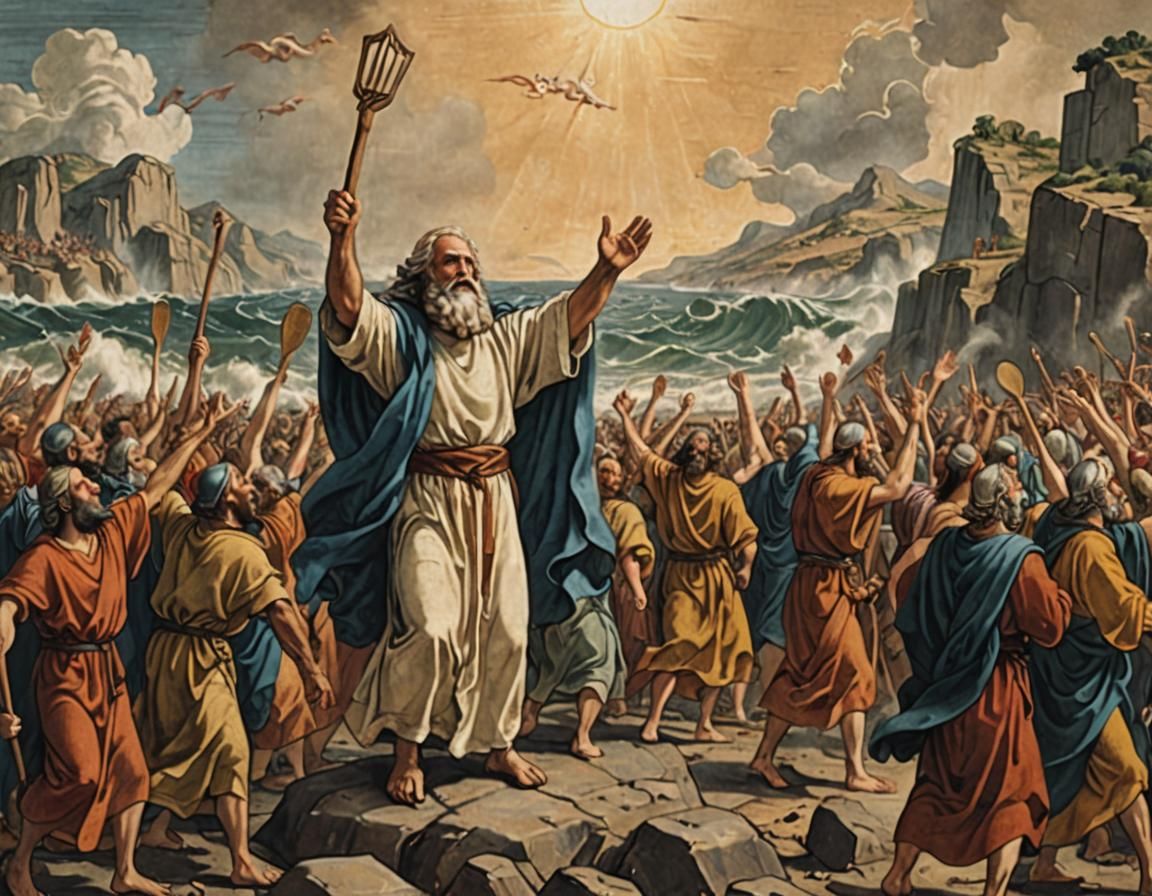 Moses Parting the Sea with Staff