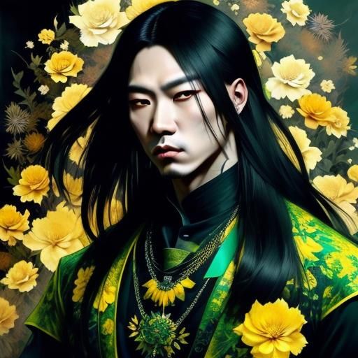 Floral Portrait of an Asian Man in Art Nouveau Style