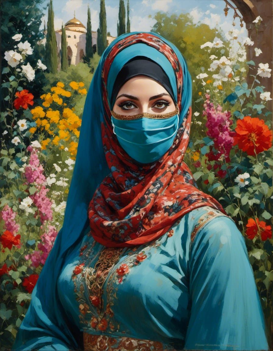 Mystic Garden: Hijabi Woman in Oil Painting Style