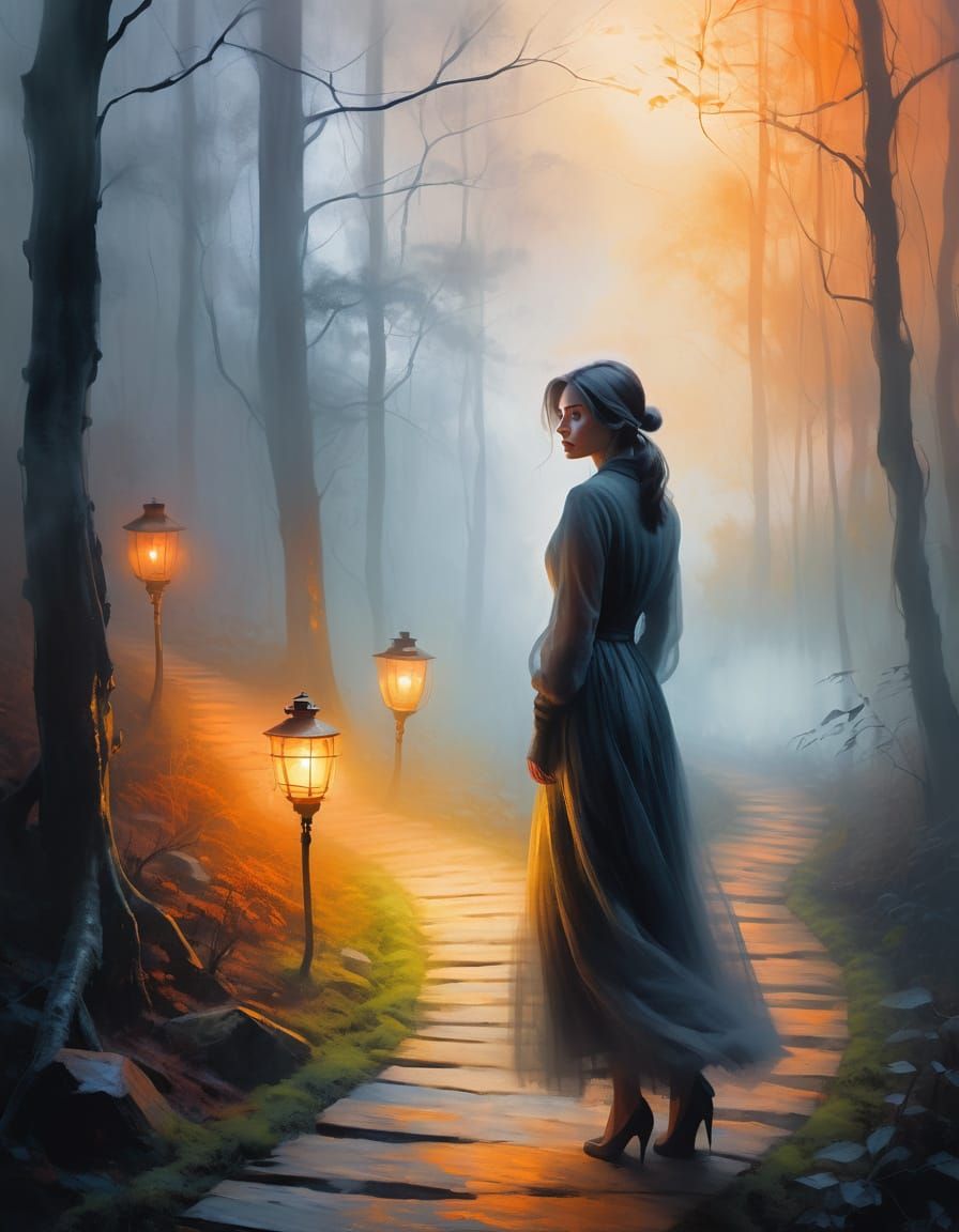 Girl with Lantern in Foggy Forest, Impasto Oil Painting